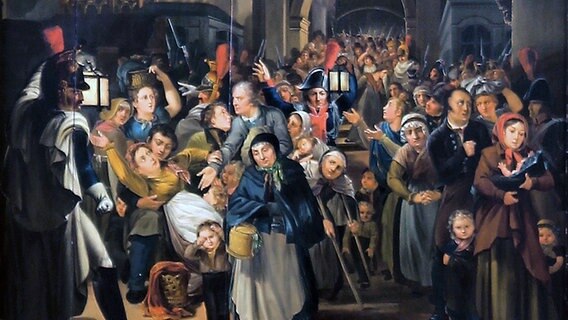 Ausschnitt des Gemäldes "Weihnachten 1813" von Siegfried Bendixen, das den Auszug von Armen aus der St. Petri-Kirche zeigt. © St. Petri Kirche Foto: Mechthild Wienker