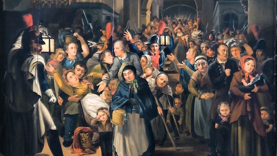 Ausschnitt des Gemäldes "Weihnachten 1813" von Siegfried Bendixen, das den Auszug von Armen aus der St. Petri-Kirche zeigt. © St. Petri Kirche Foto: Mechthild Wienker