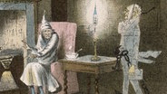 Ebenezer Scrooge wird von Jacob Marleys Geist aufgesucht. Ausschnitt einer Original-Illustration von John Leech zu Charles Dickens' "A Christmas Carol". © picture alliance/Mary Evans Picture Library 