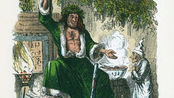 Illustration einer Szene aus Charles Dickens' "A Christmas Carol" von 1843: Der jähzornige, griesgrämige Ebenezer Scrooge mit einem der Geister, die ihm erscheinen. © picture alliance / Heritage Images | Ann Ronan Pictures 