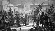 Christbaum-Markt auf dem Augustusplatz in Leipzig 1885, digitale Reproduktion einer Originalvorlage aus dem 19. Jahrhundert. © picture alliance / Bildagentur-online/Sunny Celeste 