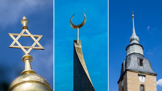 Bildzusammenstellung von einer Moschee, einer Synagoge und einer Kirche © picture alliance, dpa-bildfunk Foto: Sebastian Gollnow, Sylvio Dittrich, gerd Harder