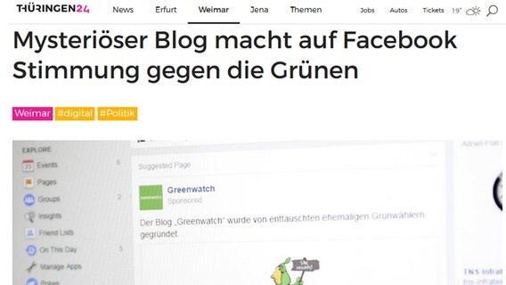 Auch "Thüringen 24" berichtet über die Anti-Grünen-Kampagne von "Greenwatch" auf Facebook. © Thüringen 24 Foto: Screenshot