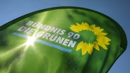 Fahne mit dem Logo der Partei Bündnis 90 / Die Grünen © picture alliance / dpa Foto: Heiko Rebsch