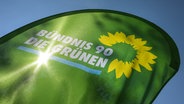 Fahne mit dem Logo der Partei Bündnis 90 / Die Grünen © picture alliance/dpa | Heiko Rebsch Foto: Heiko Rebsch