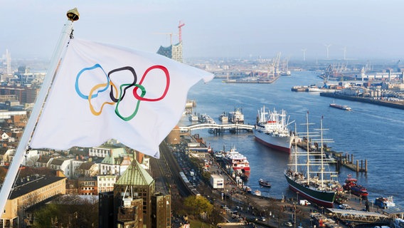 Fahne mit den olympischen Ringen vor dem Hamburger Hafen (Montage) © imago/imagebroker 