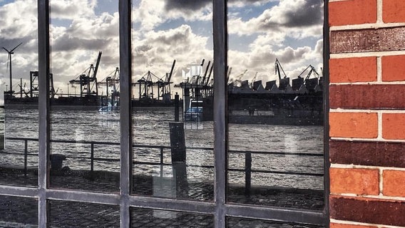In den Fenstern der Fischauktionshalle spiegeln sich die Kräne des Hamburger Hafens. © Marten Schlegel Foto: Marten Schlegel
