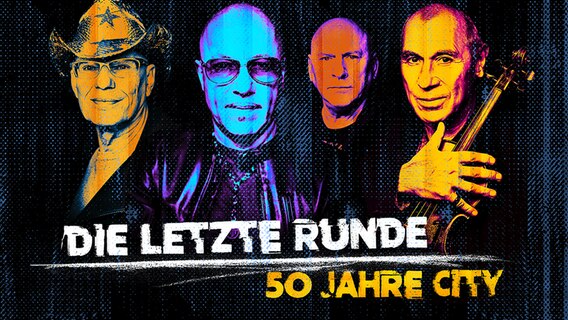 Offizielles Bandmotiv der Band City. Die Montage zeigt die Bandmitglieder hellblau, orange und gelb eingefärbt. Sie schauen frontal in die Kamera. © City Foto: City