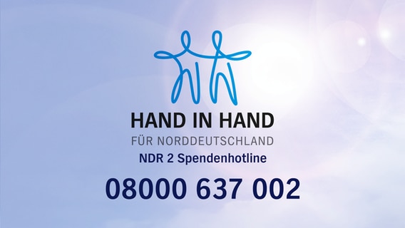 Montierte Tafel mit dem Logo von "Hand in Hand für Norddeutschland" und der NDR 2 Spendenhotline: 08000 637 002 © NDR 