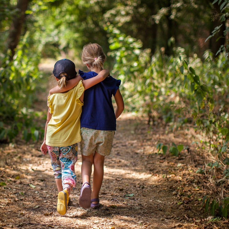 Zwei Kinder gehen Arm in Arm einen Waldweg entlang. © Photocase Foto:  Edyta Pawlowska