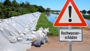 Sandsäcke und ein Warnschild während Hochwassers © Colourbox Foto: -