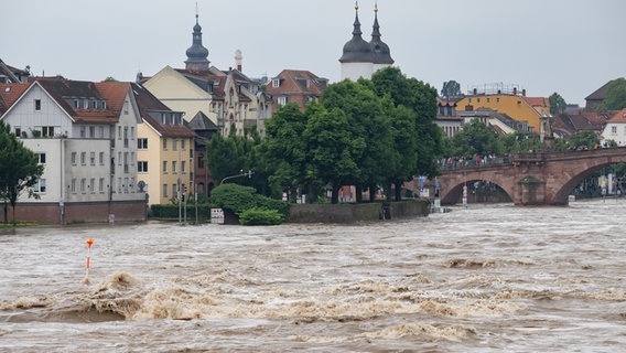 Der Neckar ist auf Höhe der historischen Altstadt von Heidelberg bei massivem Hochwasser über die Ufer getreten während hunderte Schaulustige von der Alten Brücke aus die Szenerie beobachten. © picture alliance/dpa Foto: Boris Roessler