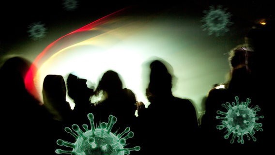 Gegenlichtaufnahme von grünen Viren, die um eine Gruppe von tanzenden Menschen schweben. © Menschen Corona Fotolia_psdesign photocase_joexx Foto: Menspsdesign joexx