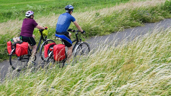 Zwei Menschen machen eine Fahrradtour mit Gepäck zwischen Wiesen und Feldern. © dpa Foto: Patrick Pleul