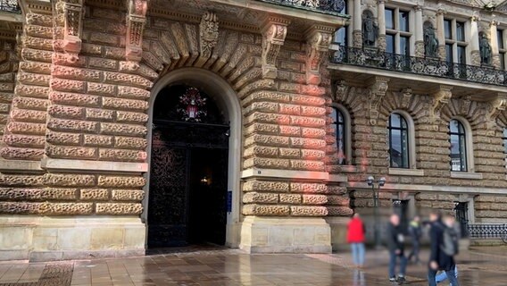 Das Hambruger Rathaus ist mit orangener Farbe beschmutzt. Es ist sein Protest der Klimaaktivisten. © NDR Foto: Romawsn Vehlken