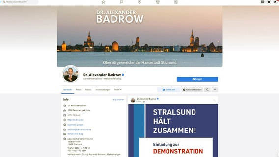 Screenshot der Facebook-Seite von Stralsunds Oberbürgermeister Alexander Badrow Screenshot der Facebook-Seite von Stralsunds Oberbürgermeister Alexander Badrow © Facebook Foto: Facebook