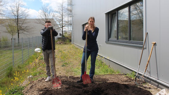 Zwei Mitarbeiter*innen des Umweltzentrums Hannover gestalten die Außenfläche einer Tischlerei insektenfreundlich. © NDR Foto: Janine Artist