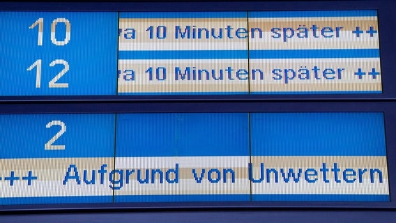 Eine Anzeigetafel weist im Hauptbahnhof auf Verspätungen durch Unwetter hin. © dpa-Bildfunk Foto: picture alliance / dpa