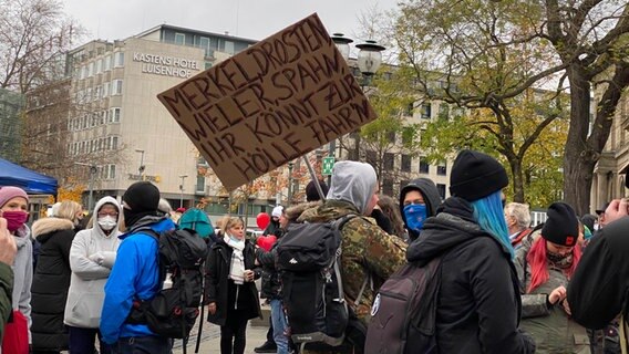 Auf einer Demonstration gegen die Corona-Schutzmaßnahmen steht auf einem Schild "Merkel, Drosten, Wieler, Spahn, ihr könnt zur Hölle fahrn". © NDR Foto: Bertil Starke