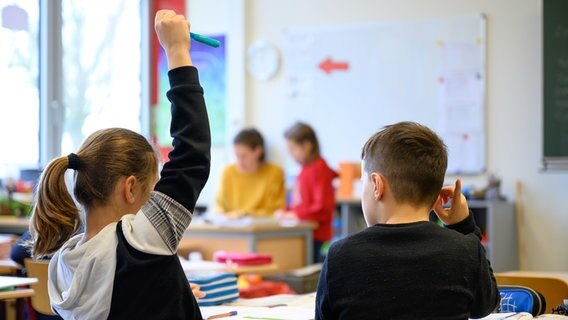 Kinder in der Schulklasse beteiligen sich am Unterricht. © picture alliance Foto: Sebastian Gollnow