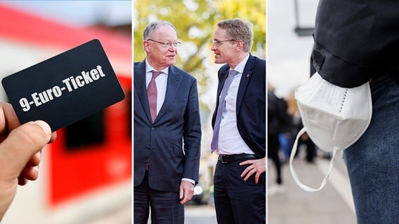 Bildzusammenstellung: 9-Euro Ticket, Stephan Weil und Daniel Günther, eine Person mit einer Maske am Handgelenk an einem Bahnhof. © dpa picture allience Foto: Christoph Hardt, Michael Matthey, Julian Rettig