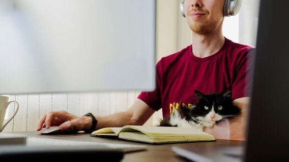 Ein Mann sitzt vor einem Computerbildschirm und hat eine Katze im Arm. © Photocase Foto:  Tatyana Aksenova