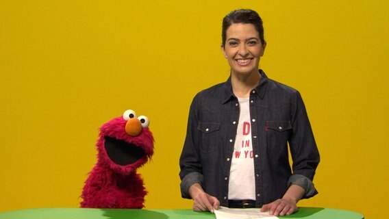 Linda Zervakis und Elmo erklären "Nachrichten". © NDR/Sesame Workshop 