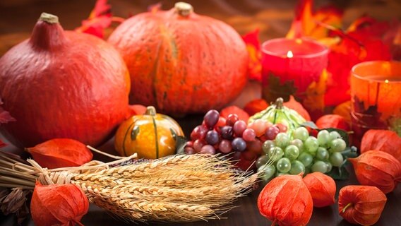 Kürbisse, Trauben, Weizen und Kerzen stehen auf einem Tisch. © Colourbox Foto: Brebca