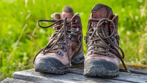 Ein Paar Wanderschuhe stehen auf einer Bank. © picture alliance / Zoonar Foto: Wolfgang Filser