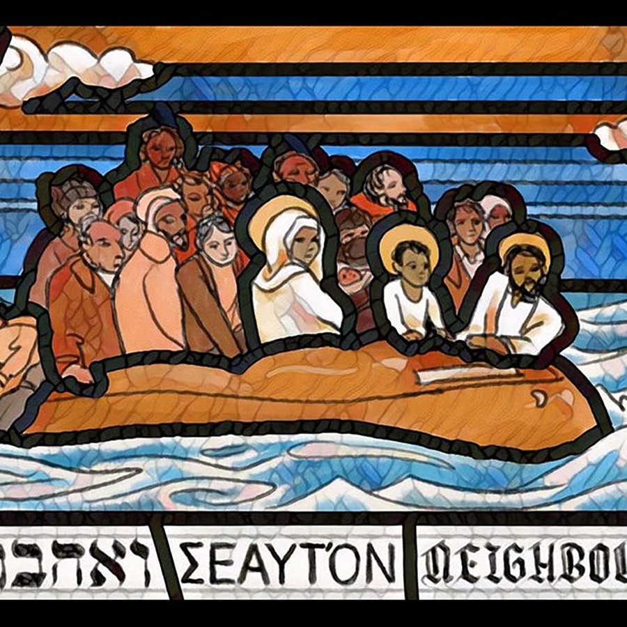 Das Bild zeigt den Entwurf für ein Kirchenfenster der St. Mary Redcliffe Kirche in Bristol. Jesus mit seinen Eltern in einem Flüchtlingsboot. © NDR Foto: Imke Köhler