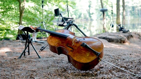 Im Vordergrund eine aufgebaute Kamera, im Hintergrund sitzt Tanja Tetzlaff auf einem Baumstamm und spielt Cello. © Michael Bessert 