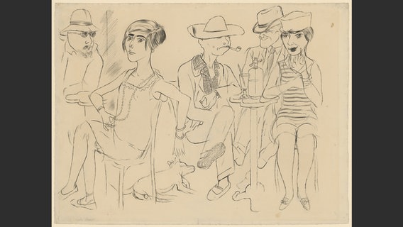 Die Zeichnung "Bar in Cassis" von George Grosz zeigt Menschen in einer Bar, die an Tischen sitzen. © Estate of George Grosz, Princeton, N.J. / VG Bild-Kunst, Bonn 2023 /  Hamburger Kunsthalle / bpk 