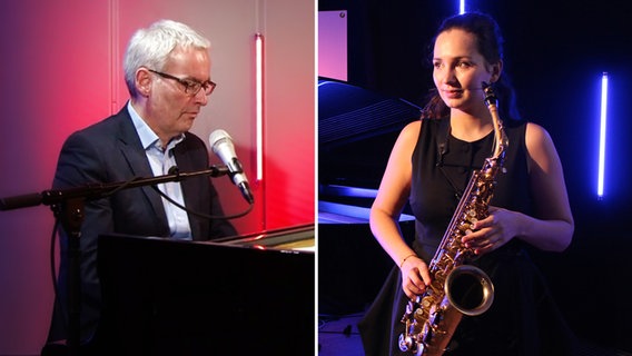 Eine Collage aus Fotos von Markus Becker am Piano und Asya Fateyeva mit Saxofon © NDR Foto: Claudius Hinzmann