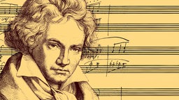 Historische Zeichnung aus dem 19. Jahrhundert, Notenhandschrift, As Dur Sonate Op. 26, und Portrait von Ludwig van Beethoven, 1770 -1827. © dpa 