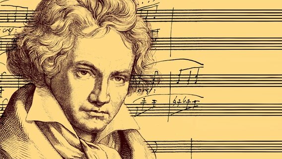 Historische Zeichnung aus dem 19. Jahrhundert, Notenhandschrift, As Dur Sonate Op. 26, und Portrait von Ludwig van Beethoven, 1770 -1827. © dpa 