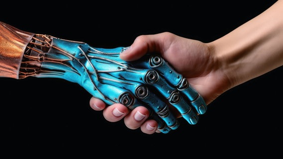 Zwei Hände greifen ineinander. Die rechte Hand ist menschlich, die linke Hand ist aus blauem Metall und mit Scharnieren und Kabeln versehen. Der HIntergrund ist schwarz. © IMAGO / CHROMORANGE 