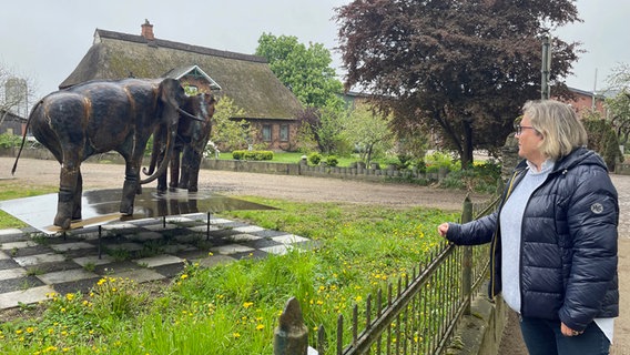 Eine Frau betrachtet eine Skulptur, die zwei Elefanten zeigt, vom Zaun aus in einem Vorgarten. © NDR Foto: Frank Hajasch