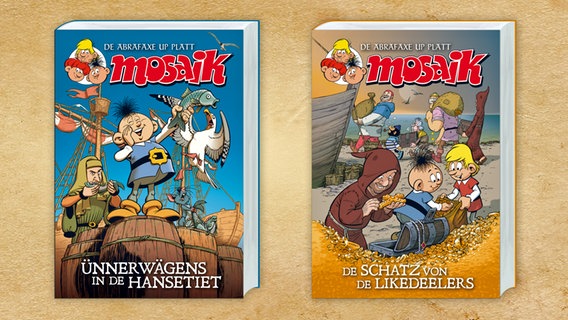 Cover der beiden plattdeutschen Abrafaxe-Bücher. © Mosaik Steinchen für Steinchen Verlag 