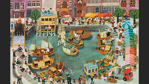 Seite mit einer Hafenszene aus dem Wimmelbuch "Komm mit ans Wasser " von Ali Mitgutsch. © Ravensburger Verlag 