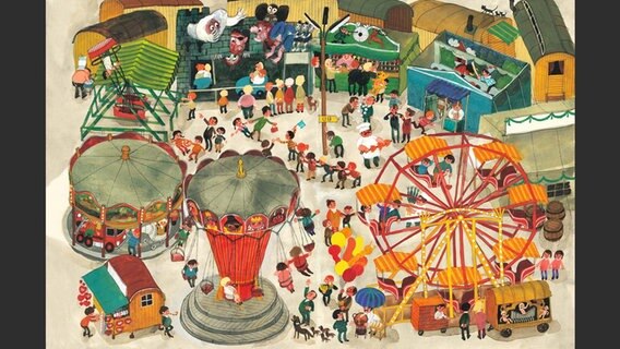 Eine Jahrmarktszene im Wimmelbuch "Mein Wimmelbuch: Rundherum in meiner Stadt" von Ali Mitgutsch. © Ravensburger Verlag 