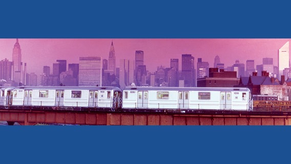 STEVE KELLY (AMERICAN, B. 1949), New York City subway train and skyline, 1987, Colorama No. 544 © George Eastman Museum / Eastman Kodak Company / teNeues 