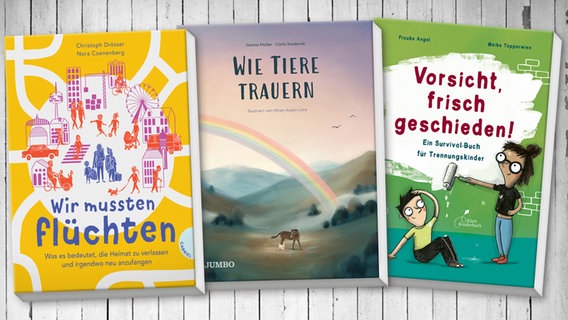Cover: Vorsicht, frisch geschieden! / Wir mussten flüchten / Wie Tiere trauern © Klett Kinderbuch / Gabiel Verlag / Jumbo Verlag 