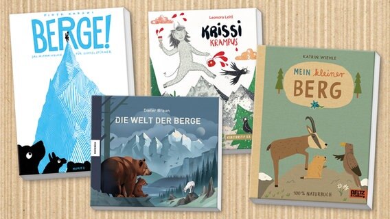 Collage der Buch-Cover: "Berge!", "Die Welt der Berge", "Krissi Krampus" und "Mein kleiner Berg" © Moritz Verlag / Knesebeck / Kunstanstifter / Beltz 