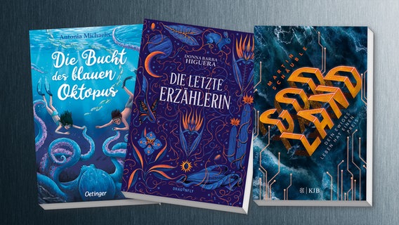 Collage der Buch-Cover: "Die Bucht des Blauen Oktopus", "Die letzte Erzählerin" und "God Land" © Oetinger Verlag / Dragonfly Verlag / KJB Verlag 