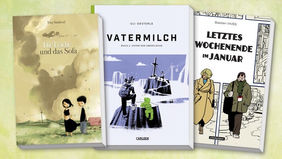Collage der Buch-Cover: Vatermilch / Letztes Wochenende im Januar / Die Leiche und das Sofa © Carlsen Verlag / Schreiber und Leser Verlag / Cross Cult Verlag 