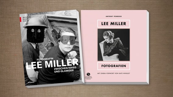 Collage der Buch-Cover: "Fotografin Lee Miller zwischen Krieg und Glamour" und "Lee Miller. Fotografien" © Hirmer Verlag / Elisabeth Sandmann Verlag 