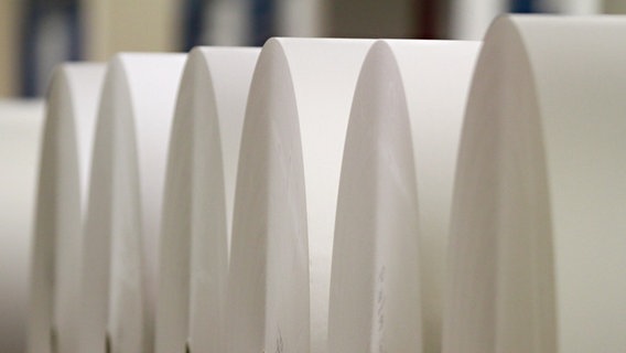 Sechs bildfüllende weiße Papierrollen liegen hintereinander in einem Druckzentrum. © picture alliance / dpa | Rene Ruprecht Foto: Rene Ruprecht