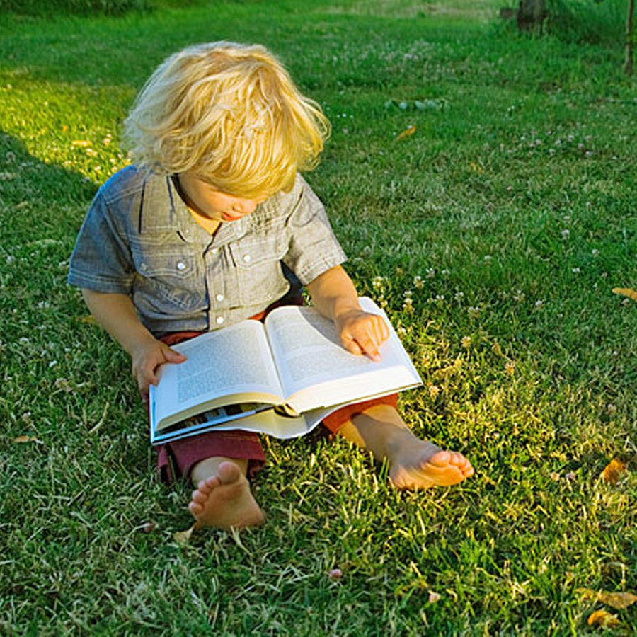 Ein Kleinkind sitzt auf dem Rasen im Schatten und versucht, ein Buch zu lesen. © Image Source Foto: Charles Gullung