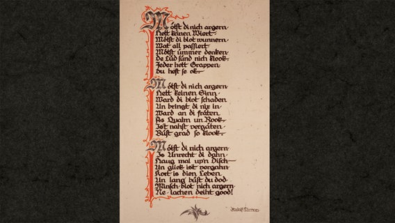 Schmuckblatt des Tarnow-Gedichts "Mötst di nich argern" von 1927. © Fritz-Reuter-Literaturmuseum Stavenhagen 