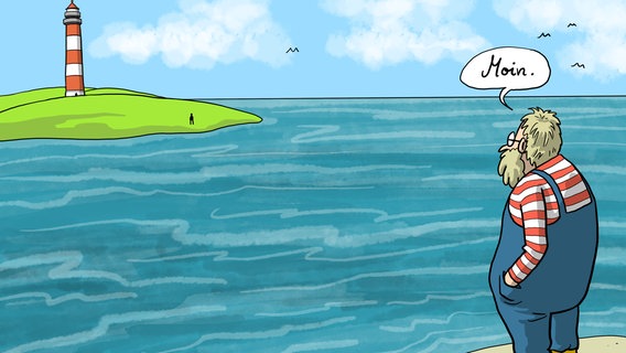 Zeichnung aus dem Buch "Corona-Cartoons aus der Quarantäne". Von Dora Landschulz. Ein Mann steht an einem Ufer und ruft einer anderen Person auf einer entfernten Inseln "Moin" zu.  
